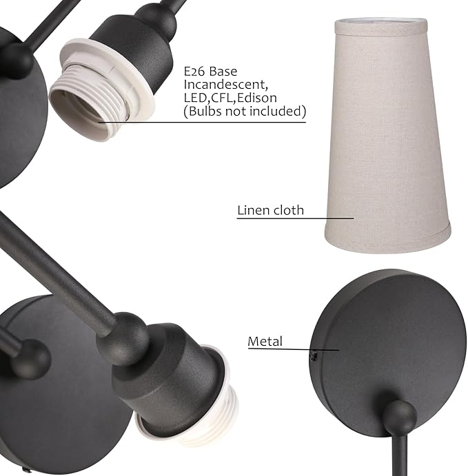 Pathson Set of 2 Linen Fabric Wall Sconces, Hardwired Curved Arm Bathroom Vanity Light with Cone Cloth Shade, Black Indoor Wall Decor Lamp for Living Room, Kitchen, Bedroom, Foyer