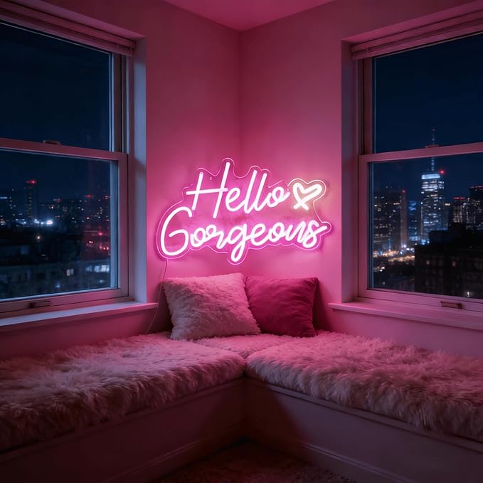 Hello Gorgeous Neon Light for Wall Decor, Pink USB Powered LED Sign with Dimmable Switch, Neon Sign for Home, Wedding, Birthday Backdrop, Party (Pink02)