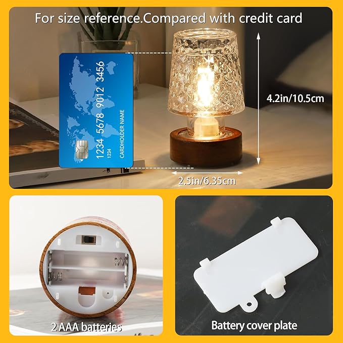 Mini Soft Warm LED Night Light, Battery Operated Portable Glass Lamp with Timer, Art Deco Style, Crystal Color, for Adults