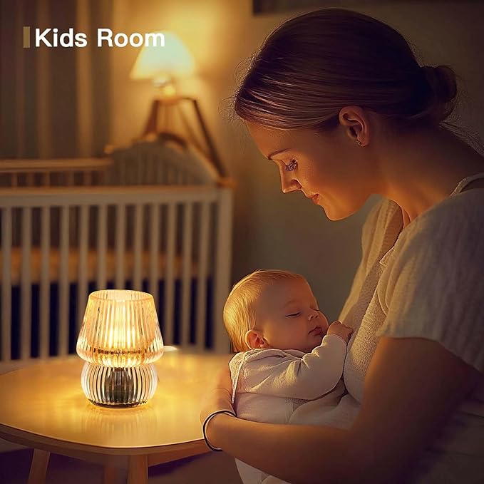 Small Battery Operated Lamp with Timer, Tiny Cordless Glass Table Lamp for Home Decor, Kitchen, Bathroom, Birthday Gift for Women, Mushroom, Amber
