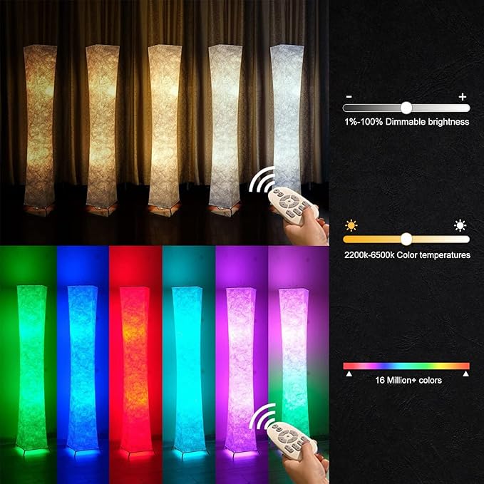 LEONC 61" Soft Light Floor Lamp for Game Room and TV, RGB Color Changing LED, Tyvek Fabric Shade, Smart App Control, Compatible with Alexa & Google Home, Music Sync and Multi Scene Modes,Floor Lamp