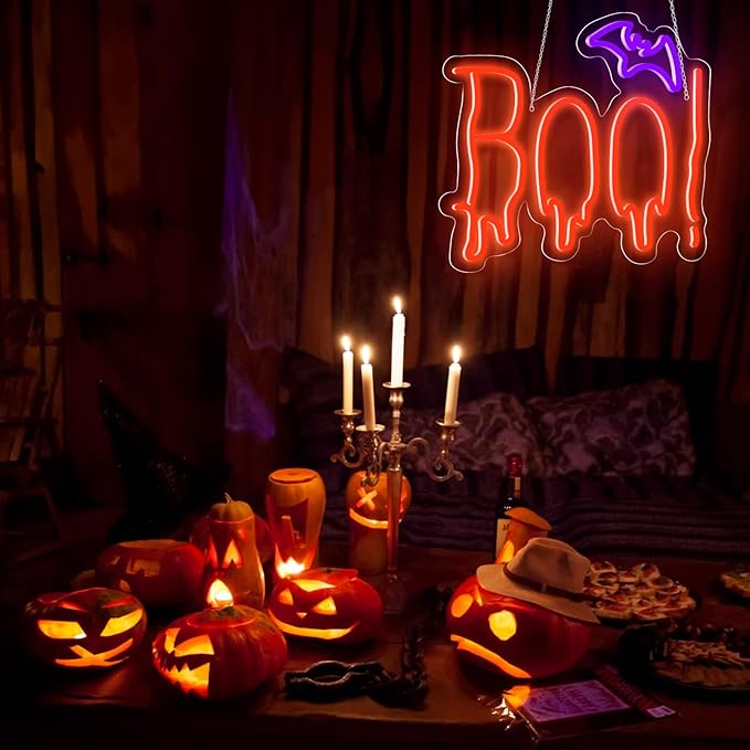 Halloween Neon Sign, Orange Purple BOO Bat Neon Light Up Sign for Halloween Party Decorations, Dimmable Neon Halloween Led Sign for Wall Decor, Spooky Boo Neon Sign for Trick or Treat Party Backdrop