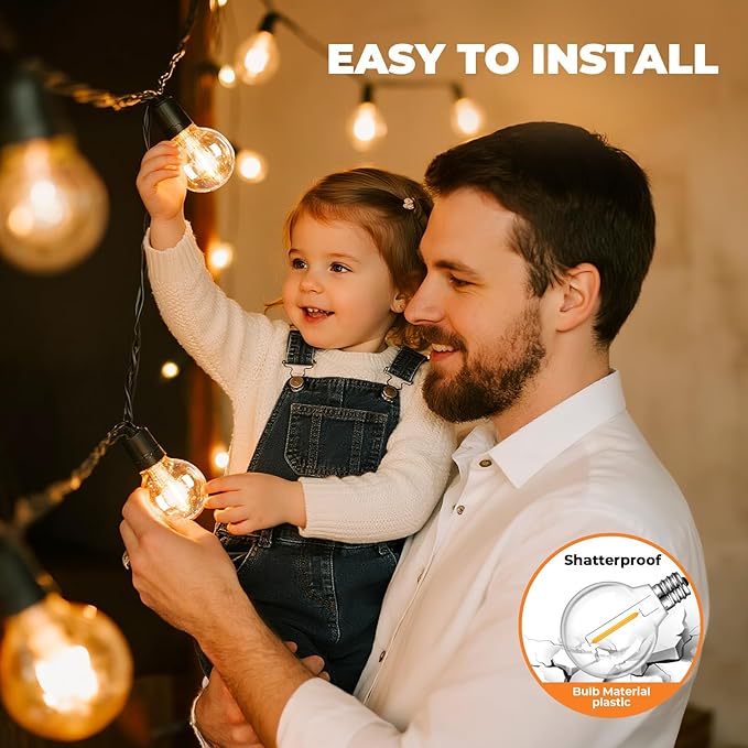 50 Pack G40 LED Replacement Bulbs, Shatterproof 1 Watt E12 LED Bulb for Outdoor Patio Garden Vintage String Lights, 2200K Warm White, Dimmable
