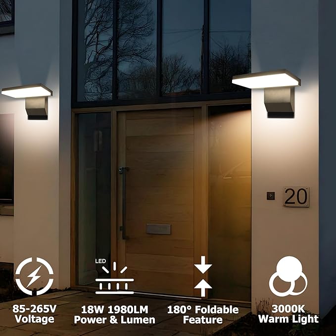 Modern Outdoor Wall Light, 18W 1980LM Black Aluminum Patio Wall Sconce IP65 Waterproof LED Porch Lights 3000K Foldable Exterior Lighting Fixtures for House Garden Garage
