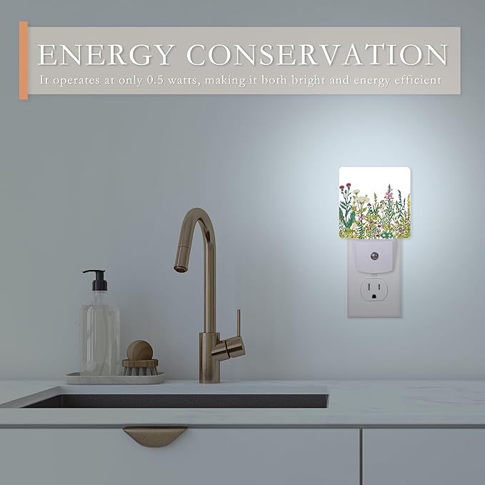 Night Light,Herbs and Wild Flowers Night Lights Plug into Wall for Boys Girls Bedroom Decorative Half Round Nightlight Led Lamp 0.5W Sleep Friendly