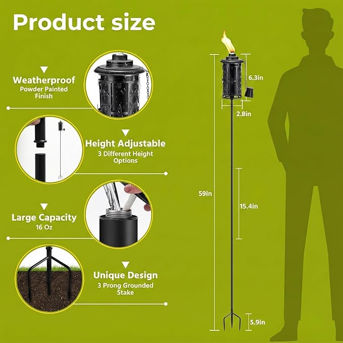 6-Pack Upgraded Home Garden Torch, Black Outdoor Metal Torch Garden Décor, 59-Inch Citronella Torches with 3-Prong Grounded Stake, Light Torches for Party Patio Pathway (More Stable)