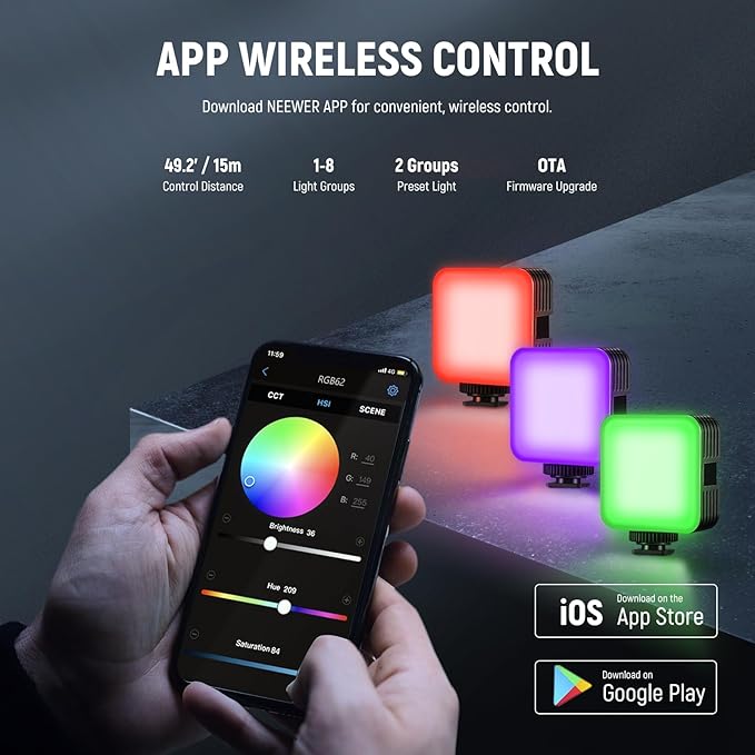 NEEWER RGB62 Magnetic RGB Video Light with Upgraded APP Control, 360° Full Color LED Camera Light with 3 Cold Shoes CRI97+ 2500K-8500K 17 Scenes, S24 Ultra Phone Cage Included