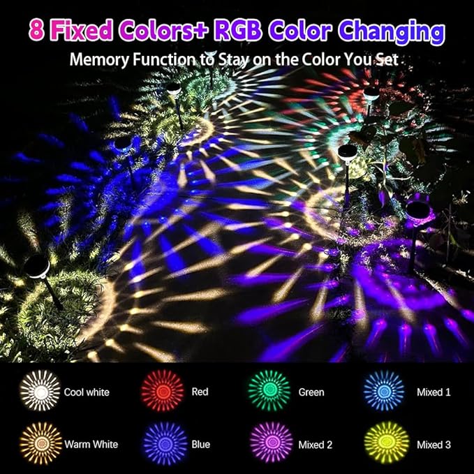 6Pack Solar Pathway Lights Outdoor, Color Changing+8 Fixed Color (Warm White, Cool White, Colored) Solar Lights Outdoor, Bright Solar Powered Garden Light