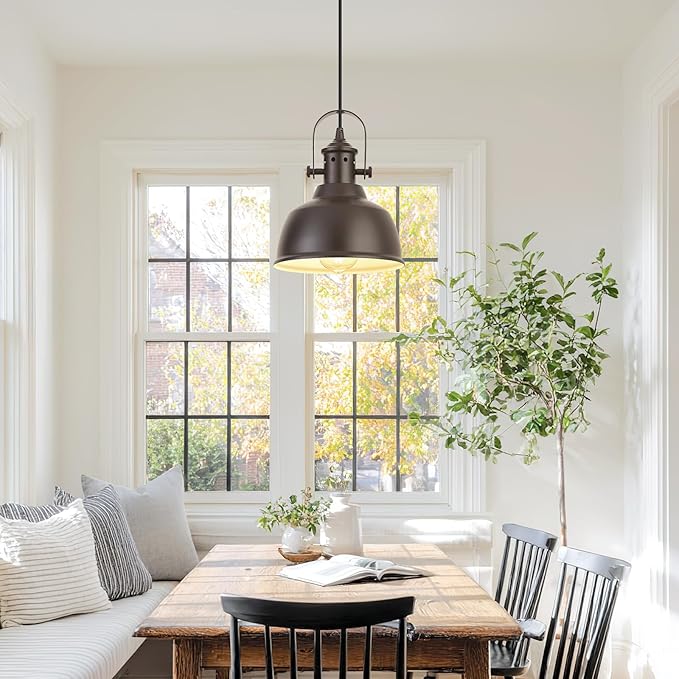 Farmhouse Small Pendant Lights, Oil Rubbed Bronze Pendant Lighting for Kitchen Island, lndustrial Adjustable Height Hanging Light for Barn, Dining Room, 2 Pack