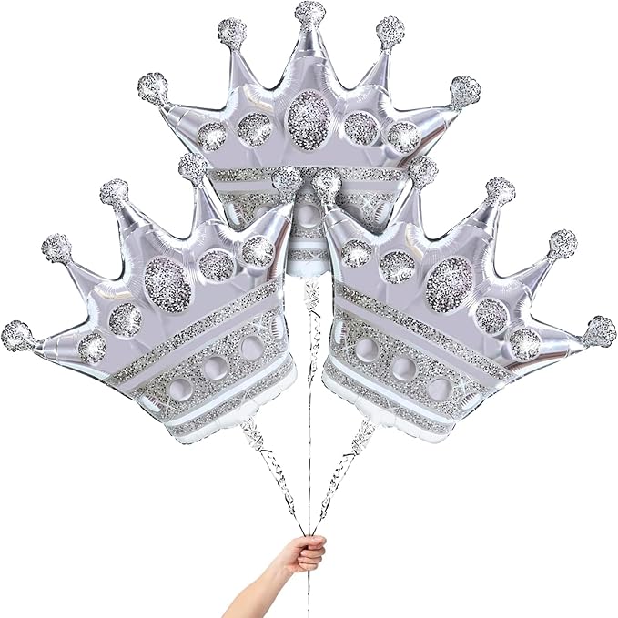 3Pcs Silver Crown Balloons – Extra Large 39" Foil Silver Balloons Set, Reusable Self-Sealing Design, Durable & Easy to Inflate – Centerpiece for Parties, Photo Backdrops & Princess Theme Decorations