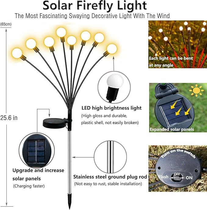 Solar-Powered Firefly lamp, Solar Powered Courtyard Lights, Outdoor Waterproof, Swaying in The Wind, Garden Lawn Terrace Channel Decorative Lights, Decorative Gardening Gifts(10 Pack(80LED))