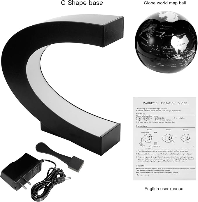 Gresus Magnetic Levitation Floating World Map Globe, C Shape Base with LED Lights, Great Fathers Students Teacher Business Boyfriend Birthday Gift for Desk Decoration （Black) (Globe doesn't light up)
