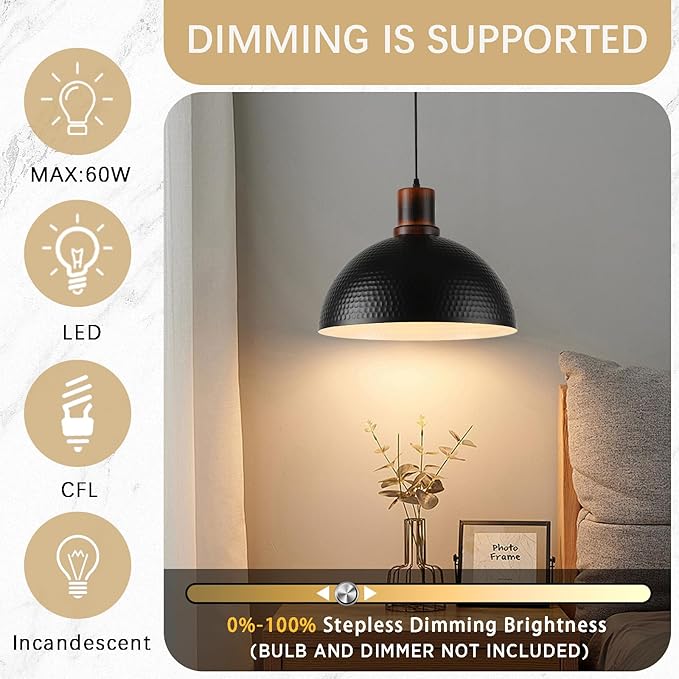 Modern Solid Wood Pendant Lights,15.7" Hammered Metal Shade,Black Finish Hanging Lighting Lamp Industrial Dome Ceiling Light Fixtures for Kitchen Island, Farmhouse, Dining Room