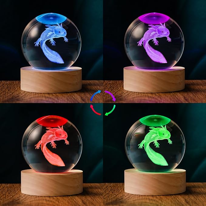 3D Axolotl 60mm Crystal Ball Axolotl Night Light Lamp Toy Gifts for Women Wife Girlfriend Mom Couple Her Axolotl Figurine for Girls Boys Kids