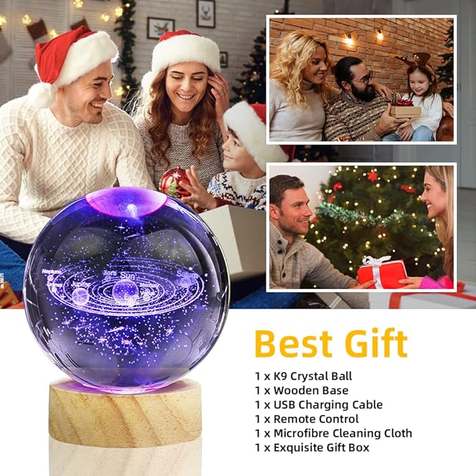 3D Solar System Crystal Ball Night Light with 16 Color LED Wooden Base, Upgraded 3.15 Inch Galaxy Planets Glass Ball Lamps with Remote for Birthday Christmas, Astronomy Space Gifts for Boys Girls