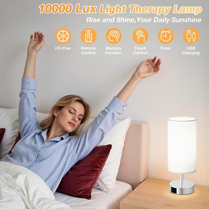 Light Therapy Lamp 10000 Lux, Sun Lamp with Remote, 3 Color Temperature & Stepless Dimming, White Happy Sunlight Lamp, Daylight Lamp for Home, Office, Decoration Use As Lift Mood, Happy Life