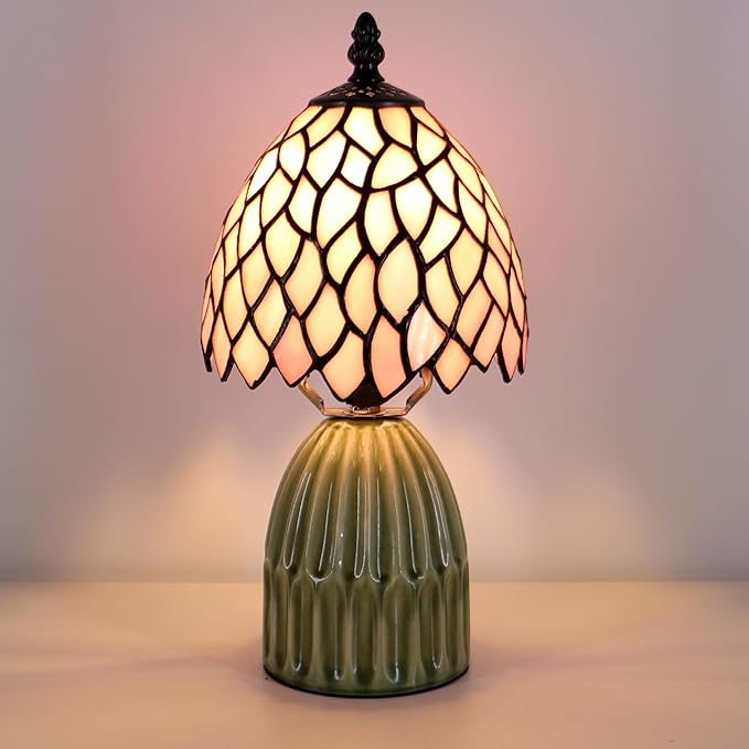 Tiffany Lamp Stained Glass Mushroom Table Lamps 6X6X12.5 Inch Pink Leaf Style Small Night Light Ceramic Base Mini Accent Desk Light Suitable for Bedside Table Bedroom Children Room