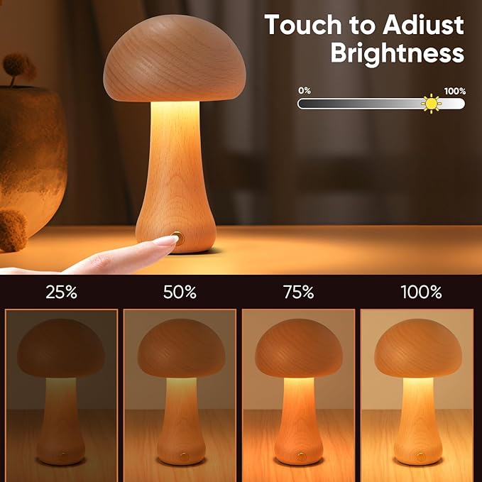 Small Wood Mushroom Lamp, LED Cordless Bedside Touch, Portable Dimmable Battery Mushroom Lamp for Bedroom Nightstand