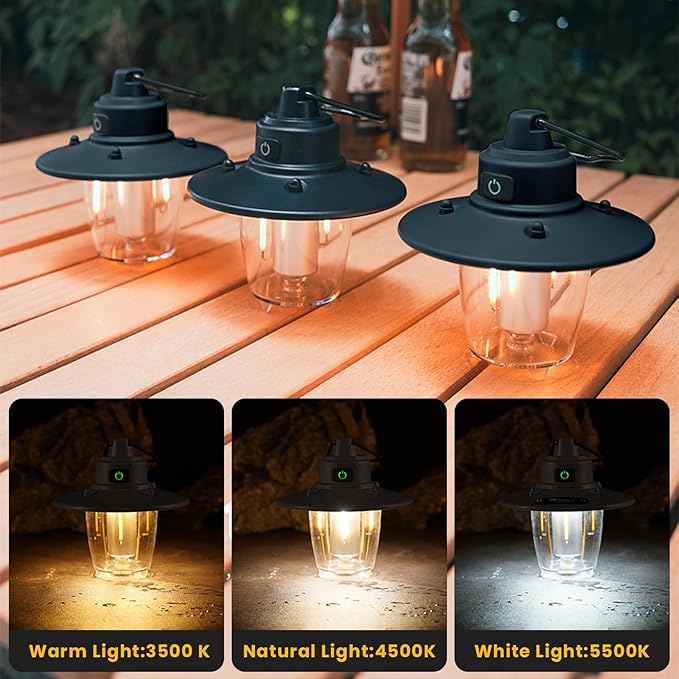 Hanging Camping Light, Antique Black, Rechargeable LED Camping Lantern with Three Light Modes, Cordless, Vintage, Weatherproof Tent Light for Camping, Outdoor, Emergency Use