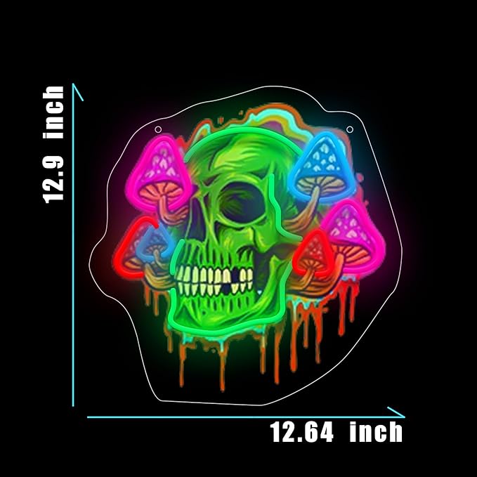 Psychedelic Skull Neon Sign with Printed Backboard, LED Neon Wall Art with Colorful Mushrooms for Man Cave, Bar, Game Room & Studio Decor, USB Powered Birthday Holiday gifts