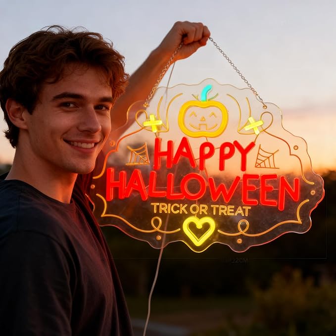 Halloween Neon Sign, Pumpkin Shape with 'HAPPY HALLOWEEN' Lettering, LED Party Decoration for Indoor Home/Bar/Haunted House