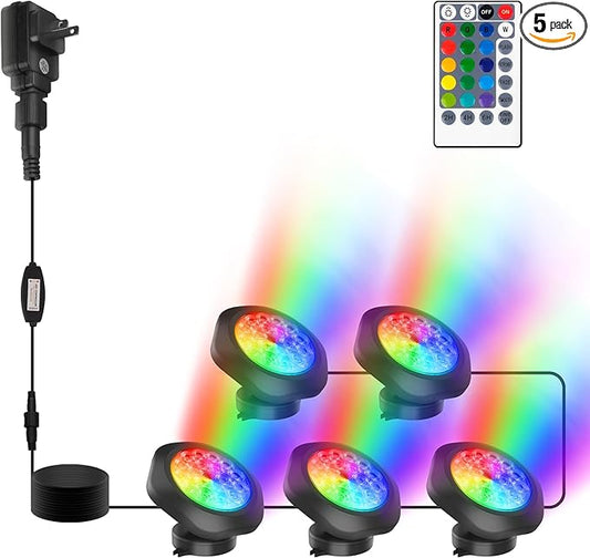 RGBW Pond Lights with Timer, 18 LED Super Bright Underwater Submersible Fountain Lights Color Changing Spotlights, Remote Control IP68 Waterproof for Fish Aquarium Tank Garden Pool (Set of 5)