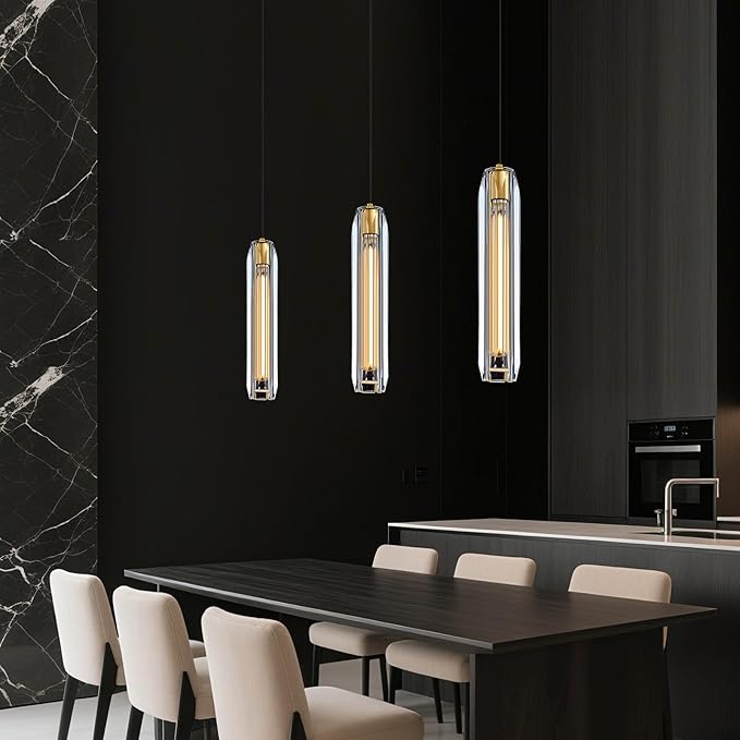 Modern K9 Crystal Pendant Light 2 Pack,14.95'' Clear and Gold Island Pendant Lights,Kitchen Crystal Light Pendant,Bar Pendant Lights,for Kitchen Dining Bathroom Bedroom