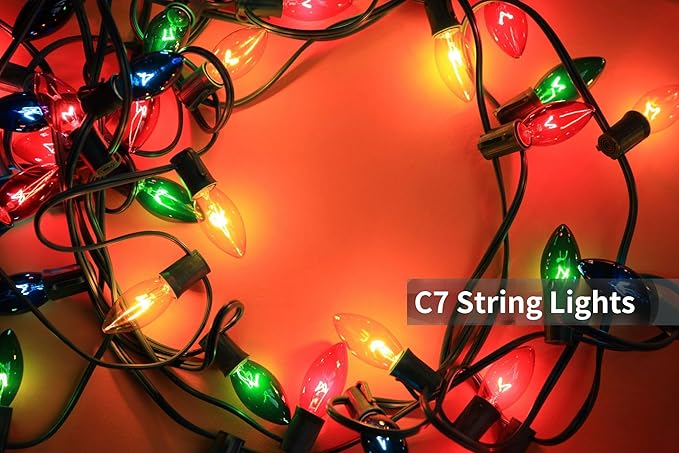 C7 Christmas String Lights-25Ft Vintage Christmas Lights with 27 Multicolor C7 Light Bulbs (2 Spare),C7 Christmas Lights Outdoor for Christmas Party Backyard Wedding- Green Wire