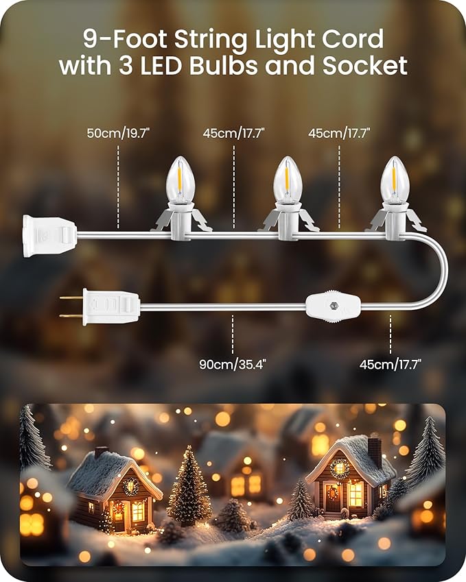 Christmas Village Lights, Decoration String Lights 9Ft with 3 C7 LED Bulbs, Warm White, with Male and Female Plugs, for Christmas Snow House,Pumpkin Crafts,Holiday W05VL05 Village Lights