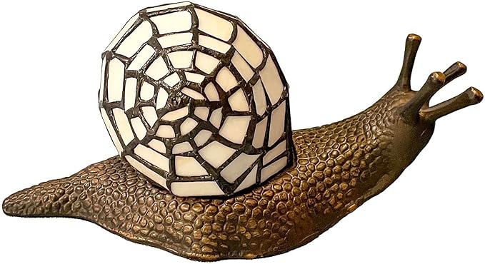 Bieye L10988 Land Snail Tiffany Style Stained Glass Accent Table Lamp for Home Decoration (White, 10" D x 5" W x 5" H)
