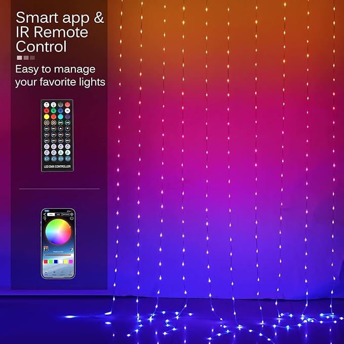 LED Curtain Lights, 10ft x 10ft 300 LED RGB Color Changing String Fairy Lights Curtain with Smart APP Control, Music & Voice Sync for Bedroom Backdrop Indoor Outdoor Christmas Decorations
