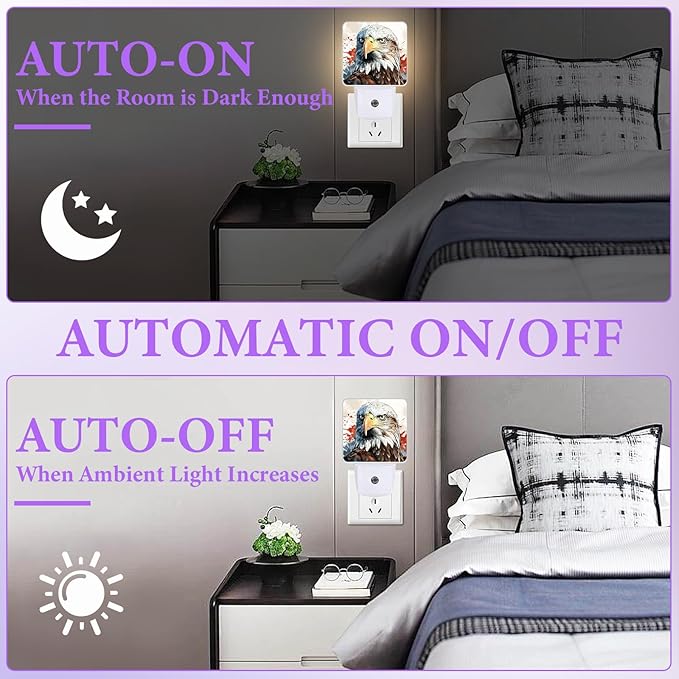 American Flag Eagle Night Light,Plug-in Night Lights with Dusk-to-Dawn Sensor for Bedroom,Bathroom and Living Room Sleep Friendly lamp 0.5w