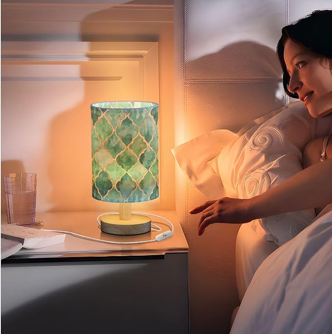 Teal Green and Gold Moroccan Tile Bedside Table Lamps with USB Port for Bedroom Lamp Table Lamp Small Nightstand Lamp Sturdy Linen Shade Wooden Decorative Lamps for Home Dorm Office Living Room