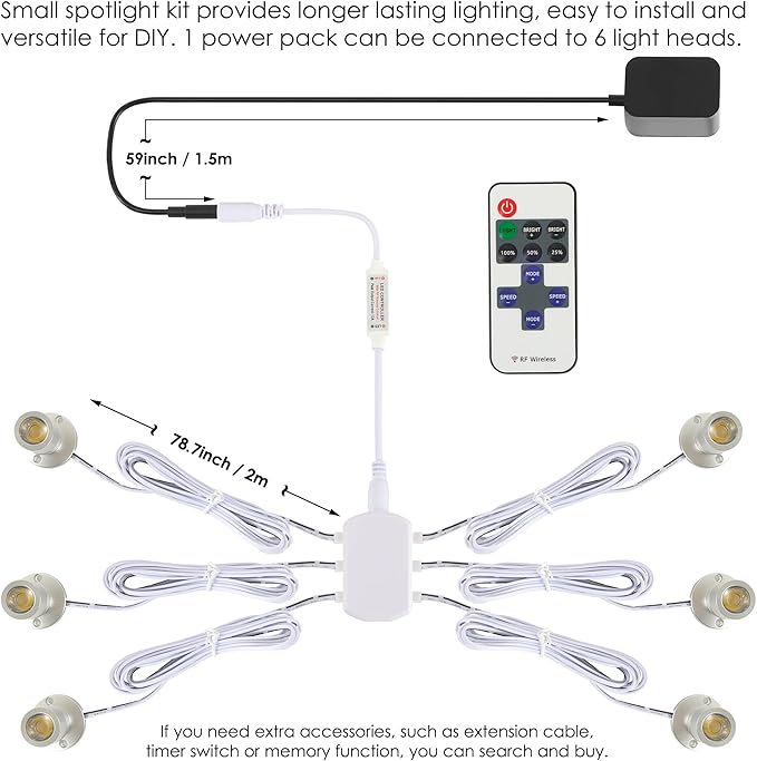 DEDC 6pcs Mini LED Spot Lights, 1.5W DC12V 3000K Under Cabinet Lights with Wireless RF Dimmer, Mini Spotlights for Showcase Displays (Warm White-Remote Control-U.S. Plugs)