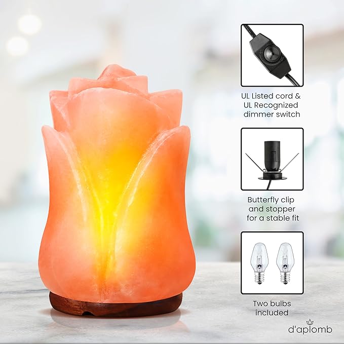 d'aplomb 100% Authentic Natural Himalayan Salt Lamp;Hand Carved Flower Rose Crystal Rock Salt from Himalayan Mountains; Dimmer Cord (Pink Flower)