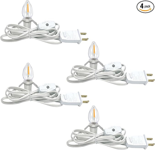 4 Accessory Cord with 4 Led Light Bulb 6 Ft White Cord with On/Off Switch Plugs E12 Candelabra LED Light Bulbs and Clips for Halloween Christmas Decorations Craft Village House Decoration