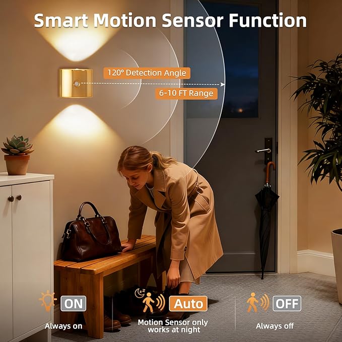 2 Pack Motion Sensor Wall Light, Rechargeable Wall Sconce with 3 Color Temperatures and Brightness Adjustable, Wireless Magnetic Mount for Bedroom, Stair, Hallway, Closet (Gold)