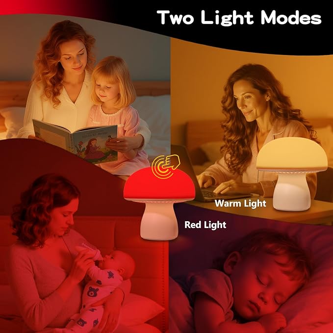 Red Night Light, Mushroom Lamp for Sleep & Relaxation, Dimmable 630nm Red Light with Timer, Touch Control for Bedroom Nursery Yoga, Promotes Melatonin, Portable Wireless for Adults Kids