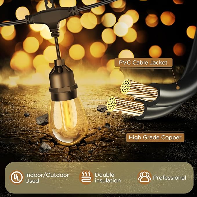 Outdoor String Lights LED 50FT Patio String Lights for Outside with S14 Teardrop-Shaped Bulbs Waterproof Flat Light Christmas Hanging Pendent Lights for Balcony Backyard Garden 2700K