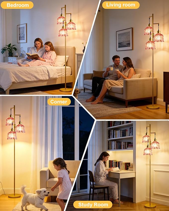 Lightdot 3-Light Flower Floor Lamps, 65'' Dimmable Floor Lamp with Rose Red Glass Shade& E12 Bulbs Included, Mid Century Standing Lamp for Living Room/Bedroom/Sofa Beside/Corner Decor-Gold