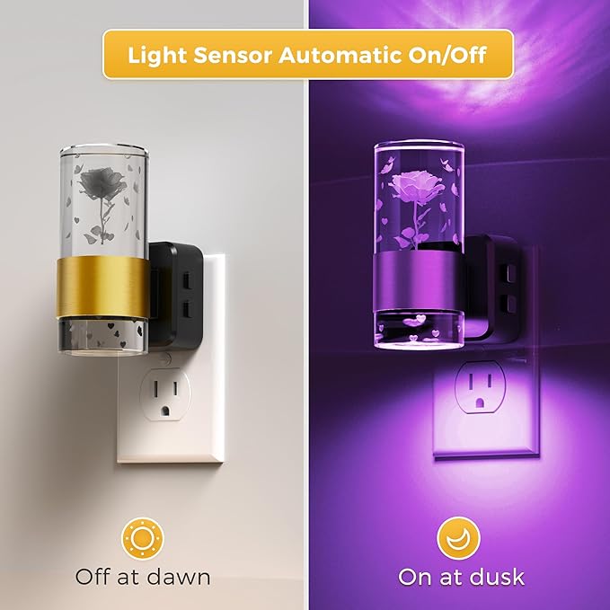 L LOHAS LED Night Lights Plug into Wall, Color Changing Night Light with Rose Carved, Dusk to Dawn Light Sensor and Adjustable Brightness, Elegant Design Night Light for Birthday, 2 Pack