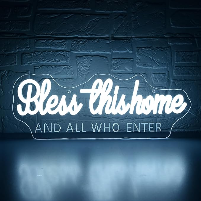 Bless This Home And All Who Enter Neon Sign for Wall Decor Dimmable God LED Neon Light Christian Decor for Prayer Room Home Bedroom Jesus White Positive Religious Wall Art Size 16.5 * 6.1in(GLNP213)