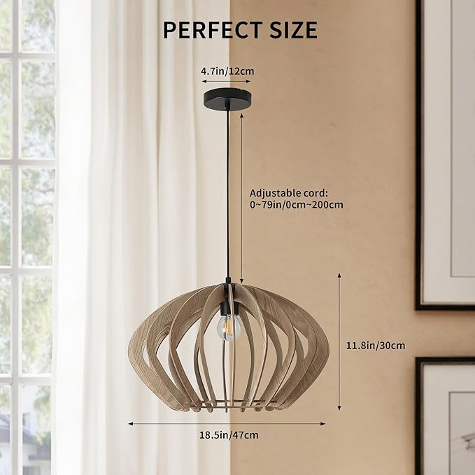 Vintage Wood Pendant Light Fixtures, Modern Farmhouse Walnut Lantern-Shape Dining Room Chandelier, Mid-Century Ceiling Mount Hanging Light Fixture for Kitchen Decor, Black