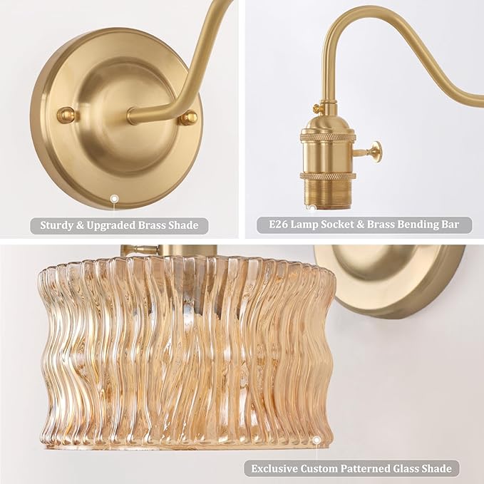Battery Operated Wall Sconce, Vintage Rechargeable Wall Lights with Amber Ripple Glass Shade, Wireless Indoor Wall Lamp with Remote for Bedroom Living Room Bathroom Hallway