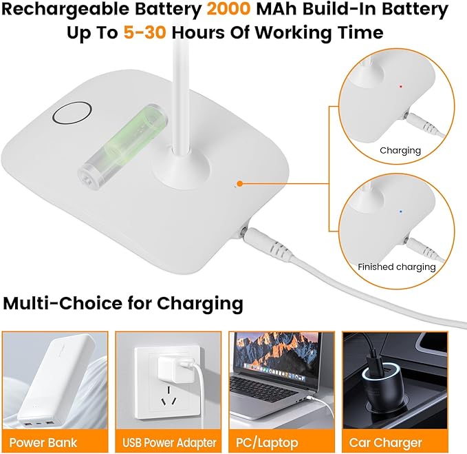 Battery Powered Desk Lamp, Portable Lamps Rechargeable 3 Color Modes Touch Control Stepless Dimming, Wireless Desk Lamp with 2000mAh, Small LED Table Light for Dorm Study Office Bedroom,White