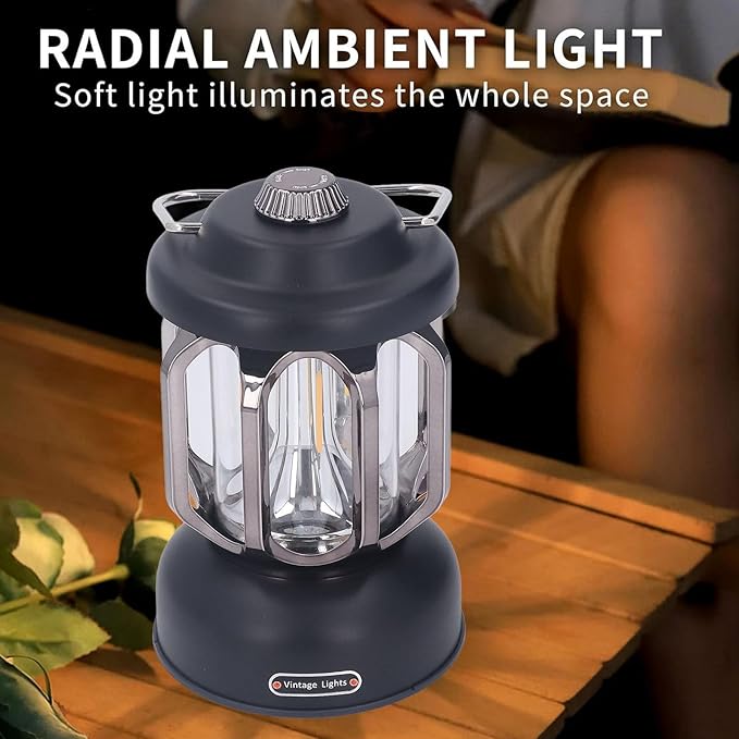 Retro Camping Lantern, Rechargeable LED Tent Lamp with 3 Light Modes, Dimmable Vintage Camping Light with Hook, USB Type C Portable Lantern for Garden Outdoor (Black)