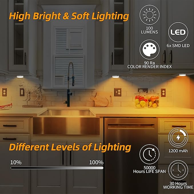 Puck Lights with Remote Control, Under Cabinet Lighting with Magnetic and Cordless, 1200mAh Rechargeable Closet Lights Stick On Lights for Under Cabinet,Hallway, Stairway,Closet （Warm White,9pcs)