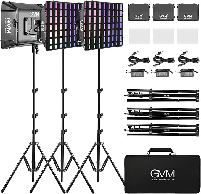 GVM RGB Led Video Light with 3 Softboxes, 680RS 3 Packs 50W Studio Lights with Bluetooth Control, Upgrade Photography Lighting with 18 Lighting Scenes, led Panel Lights for Video Recording, YouTube