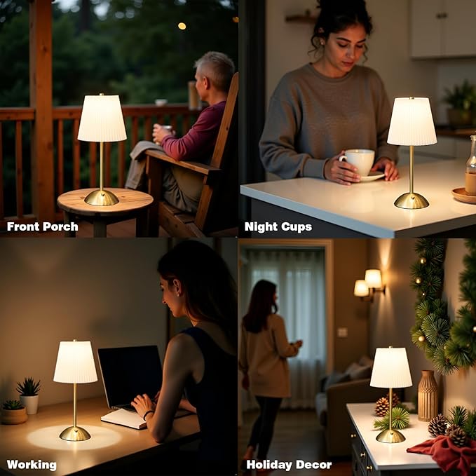Cordless Rechargeable Table Lamp 3-Color Dimmable Touch Control, 3000mAh Battery Operated Portable Light Beige Fabric Shade for Bedroom, Living Room, Office, Nursery, Bathroom ( Antique Brass, Gift )