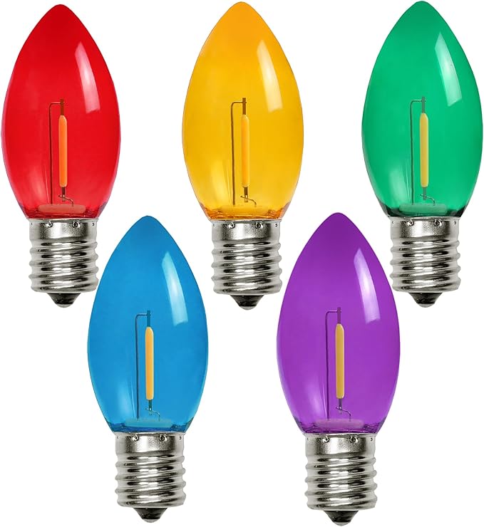 KGC C9 LED Replacement Christmas Lights Bulbs-0.6W Equivalent to 7W, C9 Shatterproof & Waterproof Plastic LED Bulbs, E17 Screw for Indoor Outdoor Patio String Lights - Multicolor 25 Pack